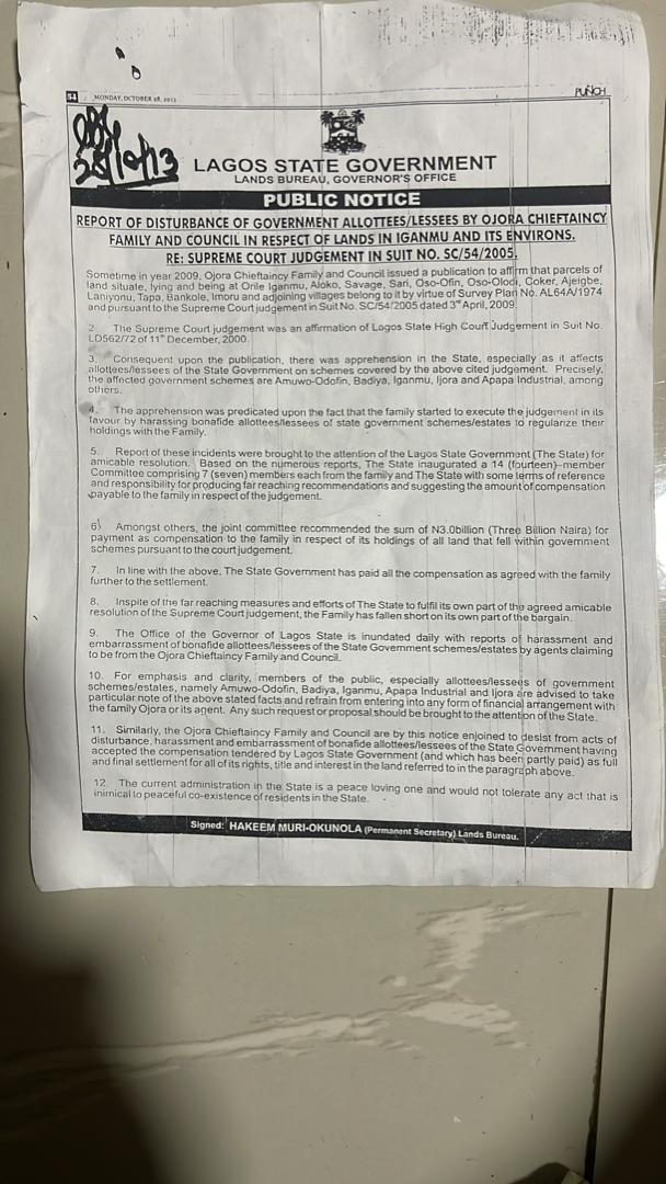 Abysmal: After 13 years of receiving N3B Settlement From The Lagos State Government,Ojora Royal Family Allegedly Send Touts After Ijora Industry Land Allottes And Leasers