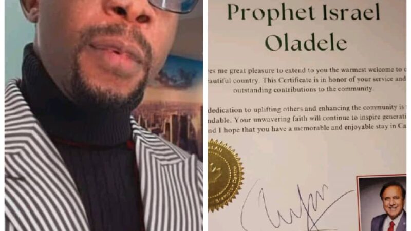 Prophet Israel Oladele ‘Genesis’ receives a Certificate of Exceptional Humanitarian Service from the Canadian Parliament… Celebrating his remarkable impact on humanity.